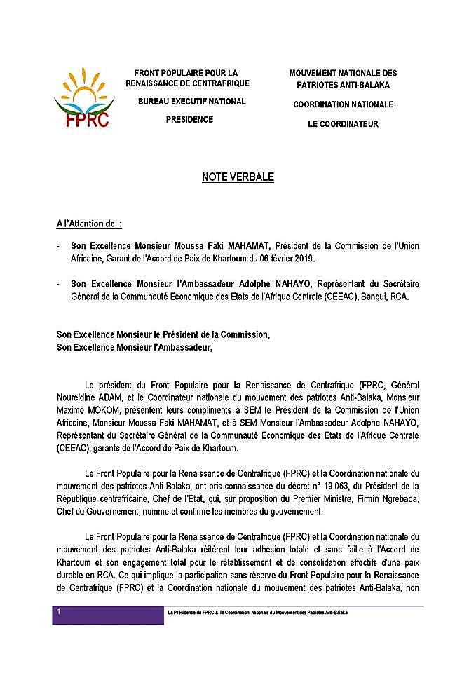 Bangui Birao Note Verbale Du FPRC Et Du Mouvement National Des 